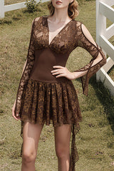 V Neck Cutout Long Sleeve Ruffled Sash Lace Patchwork Mini Dresses-Brown