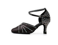 Women's Balck Satin Customized Heel Ballroom Dance Shoes