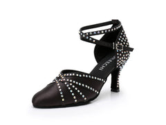 Women's Balck Satin Customized Heel Ballroom Dance Shoes