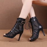 Women's Black Customized Dance Heels Rubber Sole Peep Toe Lace-up JazShoes Dance Boots
