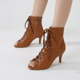 Women's Brown Customized Dance Heels Rubber Sole Peep Toe Lace-up JazShoes Dance Boots