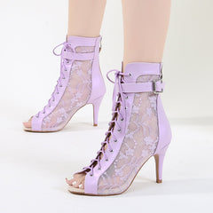 Women's Purple Customized Dance Heels Rubber Sole Peep Toe Lace-up JazShoes Dance Boots