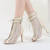 Women's Beige Customized Dance Heels Rubber Sole Peep Toe Lace-up JazShoes Dance Boots
