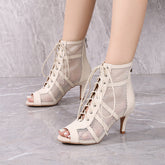 Women's Beige Customized Dance Heels Rubber Sole Peep Toe Lace-up JazShoes Dance Boots