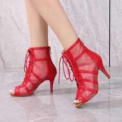 Women's Red Customized Dance Heels Rubber Sole Peep Toe Lace-up JazShoes Dance Boots