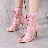 Women's Pink Customized Dance Heels Rubber Sole Peep Toe Lace-up JazShoes Dance Boots