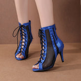 Women's Blue Customized Dance Heels Rubber Sole Peep Toe Lace-up JazShoes Dance Boots