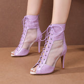 Women's Purple Customized Dance Heels Rubber Sole Peep Toe Lace-up JazShoes Dance Boots