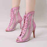 Women's Pink Customized Dance Heels Rubber Sole Peep Toe Lace-up JazShoes Dance Boots