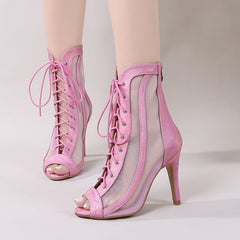 Women's Pink Customized Dance Heels Rubber Sole Peep Toe Lace-up JazShoes Dance Boots