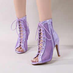 Women's Purple Customized Dance Heels Rubber Sole Peep Toe Lace-up JazShoes Dance Boots