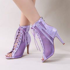Women's Purple Customized Dance Heels Rubber Sole Peep Toe Lace-up JazShoes Dance Boots