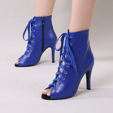 Women's Blue Customized Dance Heels Rubber Sole Peep Toe Lace-up JazShoes Dance Boots