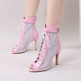 Women's Pink Customized Dance Heels Rubber Sole Peep Toe Lace-up JazShoes Dance Boots