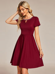Rhinestone Neckline Short Sleeves A-Line Mini Summer Casual Dresses