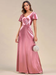 Ruffles Sleeve A-Line Pleated Satin Back V-Neck Evening Dress