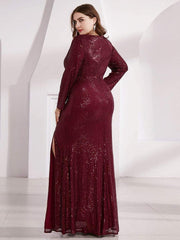 Custom Size Long Sleeves Deep V-Neck Sequin Bodice Formal Evening Gowns