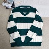 Striped twisted V-neck knitted sweater