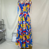 Short-sleeved printed long-sleeved halter dress