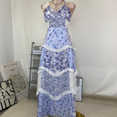 Lace patchwork design floral halter dress