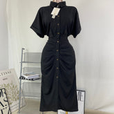 Short-sleeved pleated blouse dress