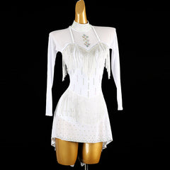 Customisable-Women's White Mesh Tassel DanceWear Dance Dress Performance Wear