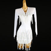 Customisable-Women's White V Neck Tassel DanceWear Dance Dress Performance Wear