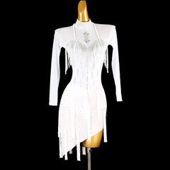 Customisable-Women's White Long Sleeve Tassel DanceWear Dance Dress Performance Wear