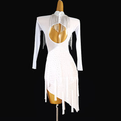 Customisable-Women's White Long Sleeve Tassel DanceWear Dance Dress Performance Wear