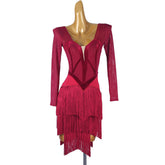 Customisable-Women's Red Long Sleeve Tassel DanceWear Dance Dress Performance Wear