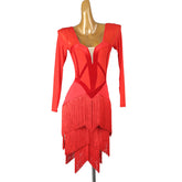 Customisable-Women's Long Sleeve Tassel DanceWear Dance Dress Performance Wear