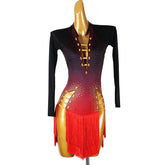 Customisable-Women's Black Long Sleeve Tassel DanceWear Dance Dress Performance Wear