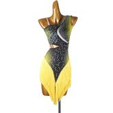 Customisable-Women's Performance Yellow Sleeveless Tassels Latin Salsa Dance Dress Competition Dress