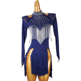 Customisable-Women's Dark Blue Long Sleeve Tassel DanceWear Dance Dress Performance Wear