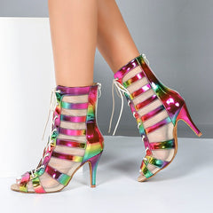 Ladies PU Rainbow Customized Heel Dance Boots Salsa Professional Dance Shoes