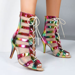 Ladies PU Rainbow Customized Heel Dance Boots Salsa Professional Dance Shoes