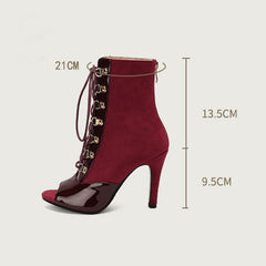 Women's 7cm/9cm Slim Heel Patchwork Leatherette Rubber Sole Peep Toe Lace-up JazShoes Dance Boots