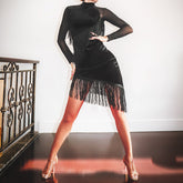 Women's Black Velvet Tassel Latin Dance Dress Dance Wear Training Performance Dress