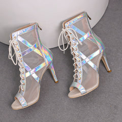 Women's Silver 7.5cm/10cm Heel Peep Toe Rubber Sole JazShoes Dance Boots