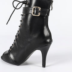 Women's Black 7cm/9cm Heel Rubber Sole Leatherette JazShoes Open Toe Dance Heels Boots