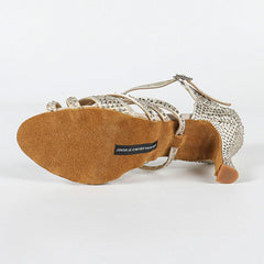 Women's Beige Customized Heel Open Toe Strappy Dance Shoes With Crystals