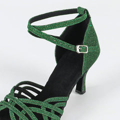 Women's Green Gliiter Customized Heel Latin Dance Shoes
