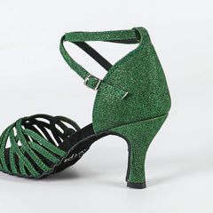 Women's Green Gliiter Customized Heel Latin Dance Shoes