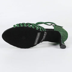 Women's Green Gliiter Customized Heel Latin Dance Shoes