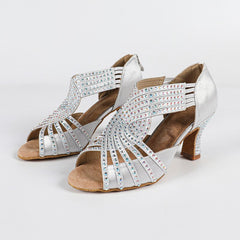 Women's Silver Customized Heel Strappy Satin Rhinestones Sandal Bride Dance Shoes