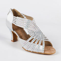 Women's Silver Customized Heel Strappy Satin Rhinestones Sandal Bride Dance Shoes