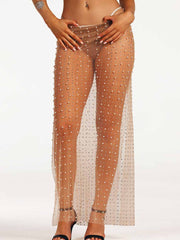 Rhinestone Pearl Sheer Straight Long Skirt