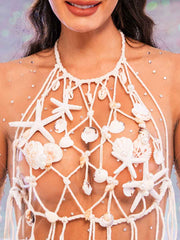 Boho Summer Tops �Pearl Shell Mesh Fringe Tank Top