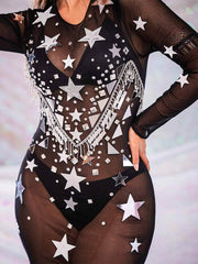 Sequin Rhinestone Dresses - Sheer Black Spandex Mesh Dress