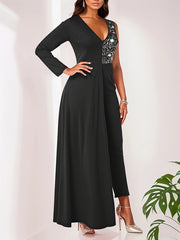 Two-Tone Fabric Sequin High-Waisted Slim-Fit Jumpsuit